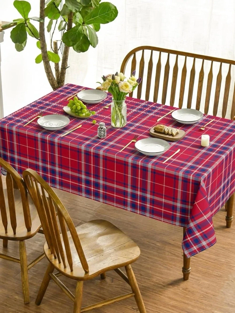 Red Plaid Cotton Tablecloth - Classic Holiday Dining